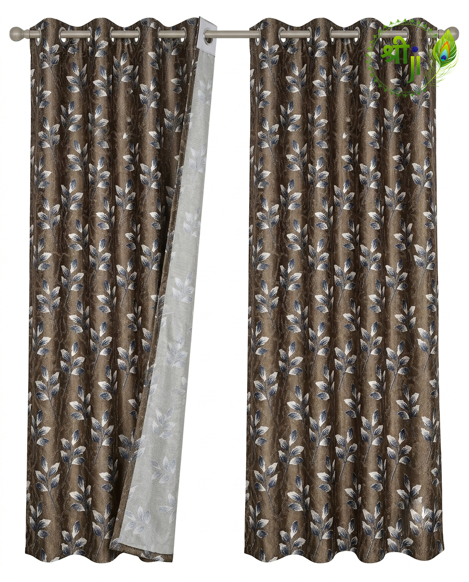 XUV Brown Leaf Print Eyelet Curtains — Pair of 2