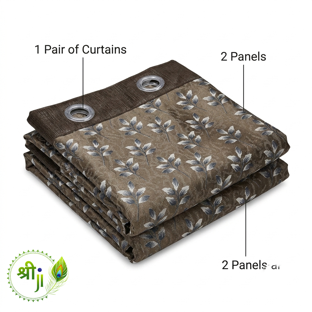 XUV Brown Leaf Print Eyelet Curtains — Pair of 2