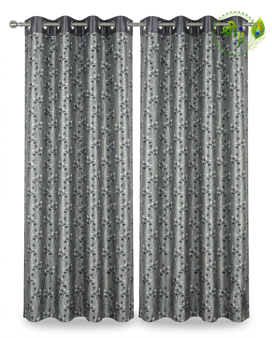 XUV Grey Leaf Print Eyelet Curtains — Pair of 2