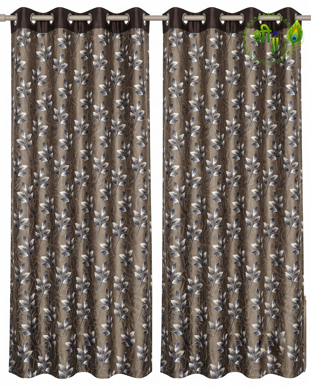 XUV Brown Leaf Print Eyelet Curtains — Pair of 2