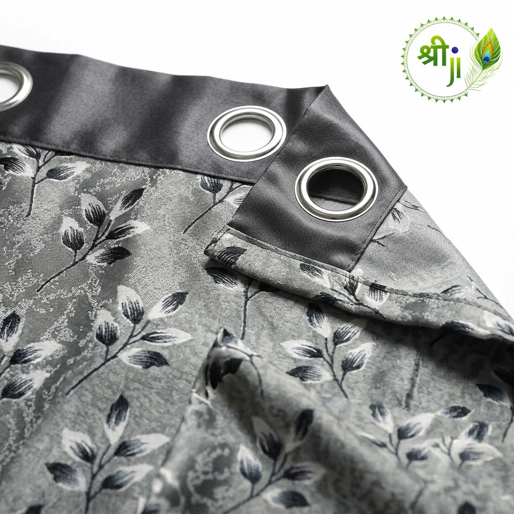 XUV Grey Leaf Print Eyelet Curtains — Pair of 2