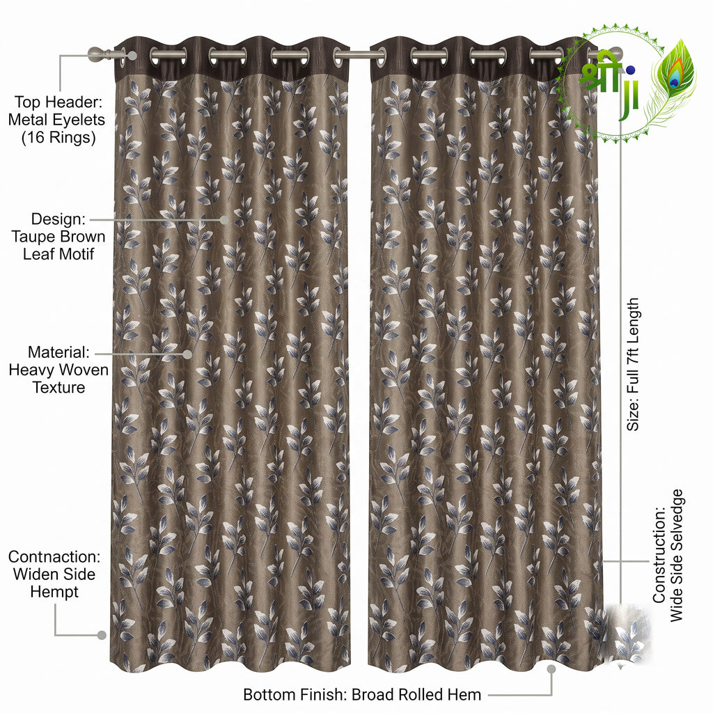 XUV Brown Leaf Print Eyelet Curtains — Pair of 2