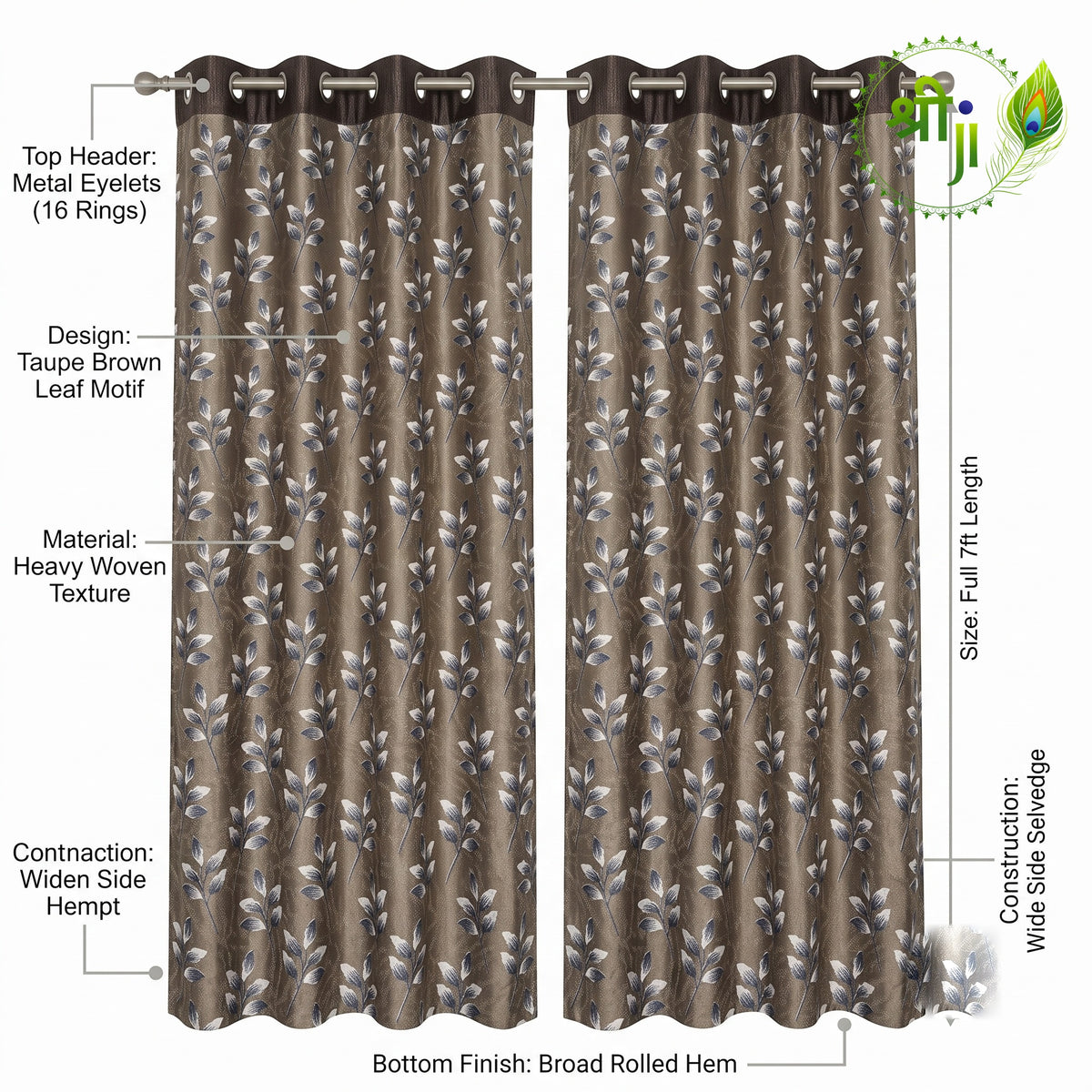 XUV Brown Leaf Print Eyelet Curtains — Pair of 2