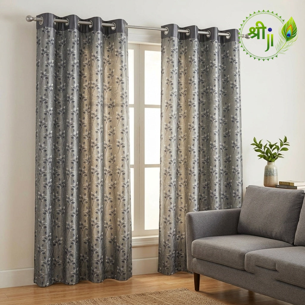 XUV Grey Leaf Print Eyelet Curtains — Pair of 2