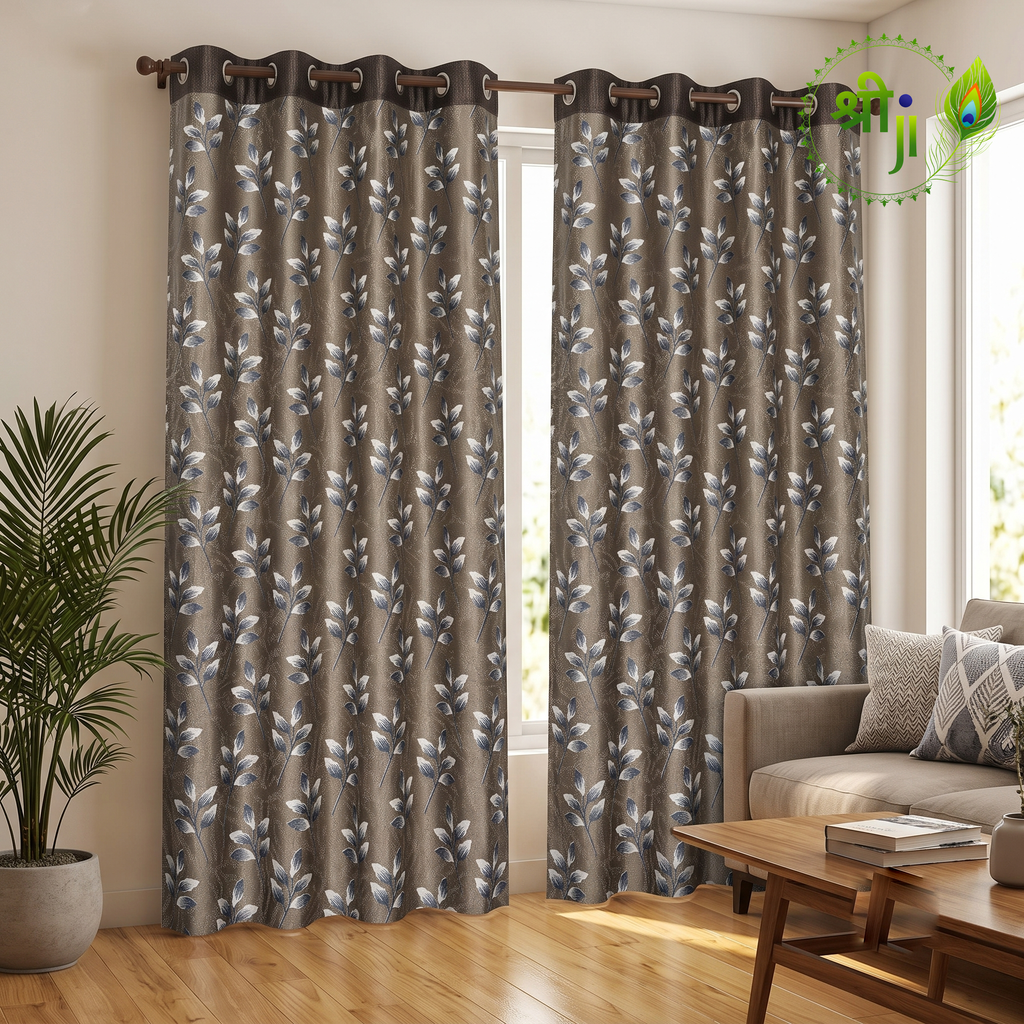 XUV Brown Leaf Print Eyelet Curtains — Pair of 2