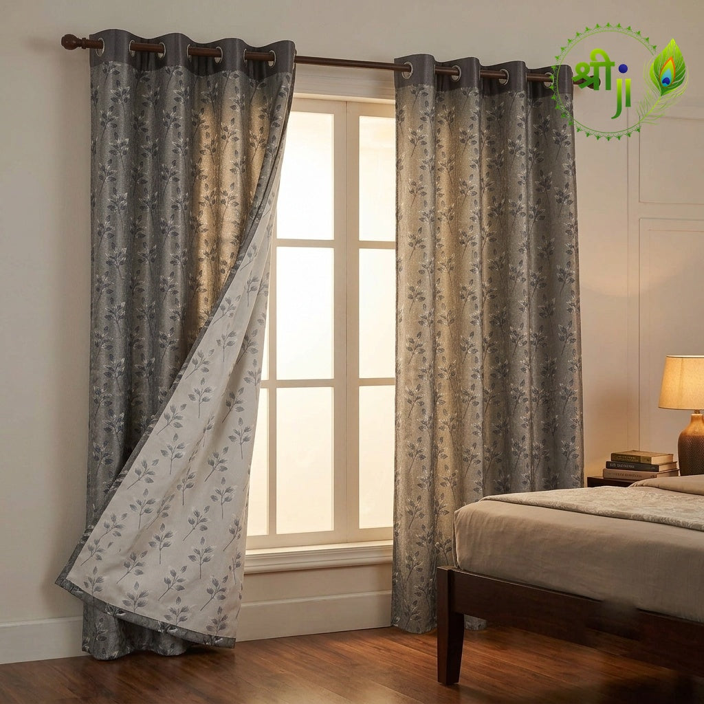 XUV Grey Leaf Print Eyelet Curtains — Pair of 2