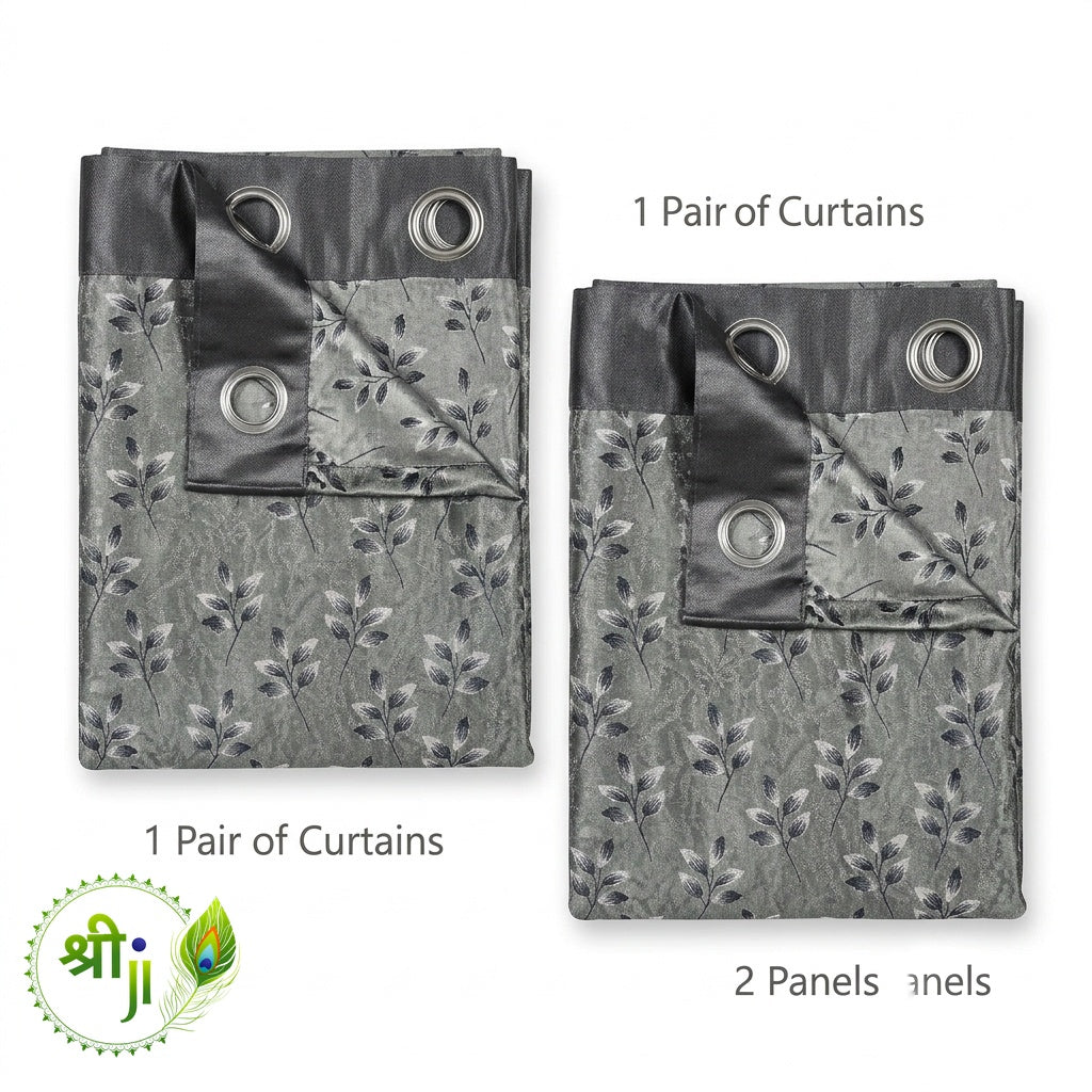 XUV Grey Leaf Print Eyelet Curtains — Pair of 2