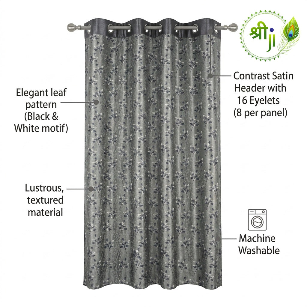 XUV Grey Leaf Print Eyelet Curtains — Pair of 2