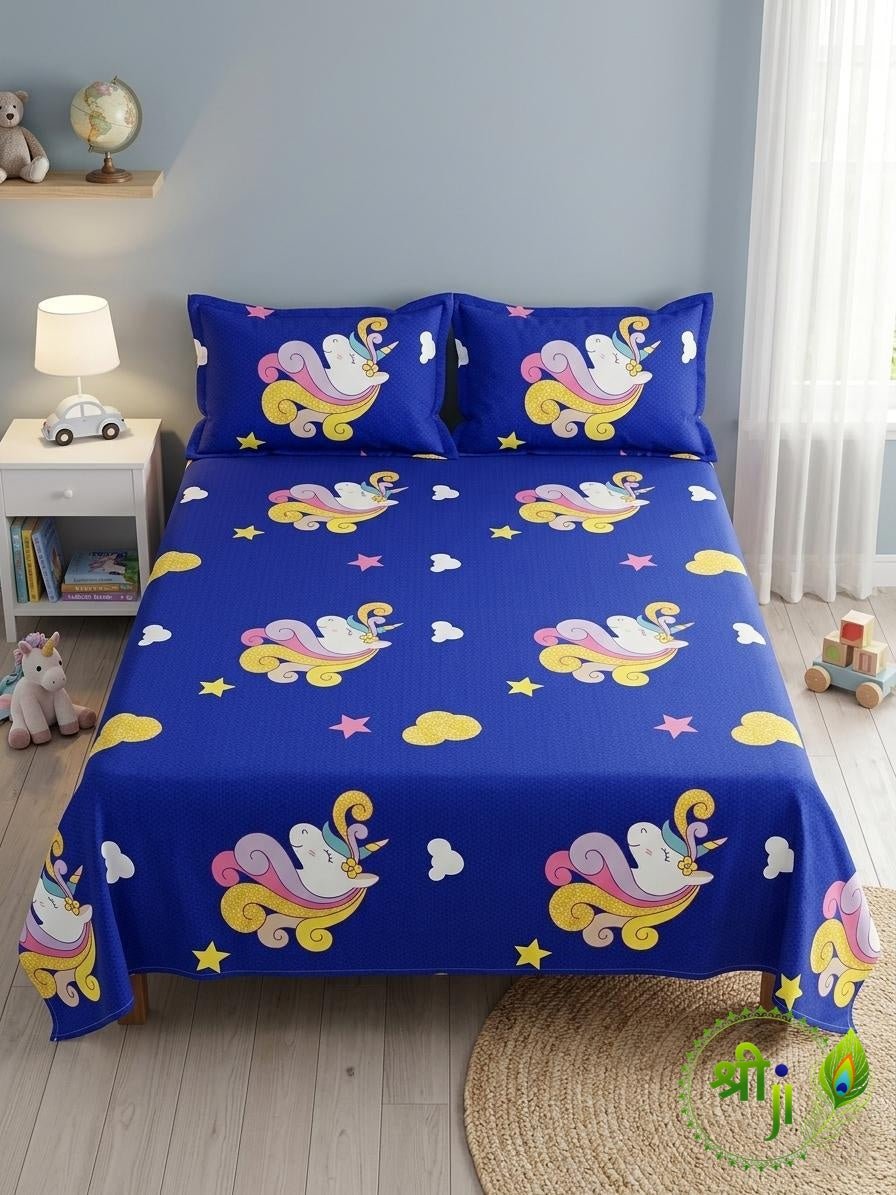 Kids Cotton Double Bedsheet with 2 Pillow Covers - Unicorn Print