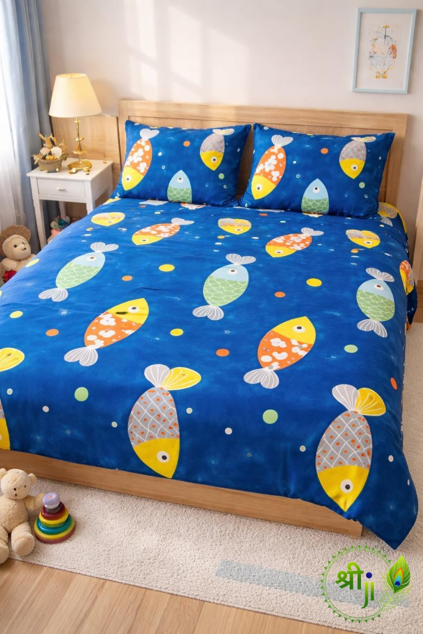 Kids Cotton Double Bedsheet with 2 Pillow Covers - Fish Print