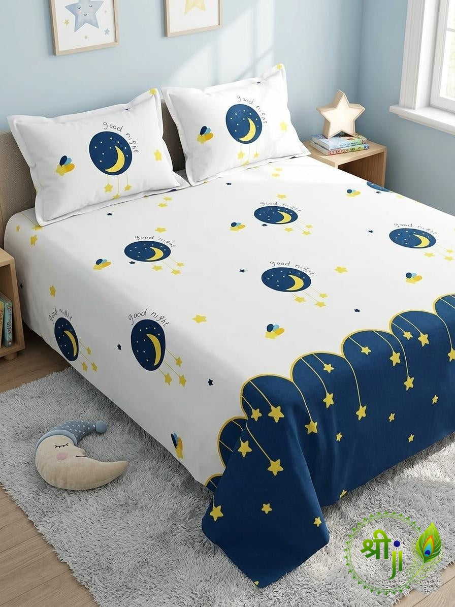 Kids Cotton Double Bedsheet with 2 Pillow Covers - Moon & Stars Print