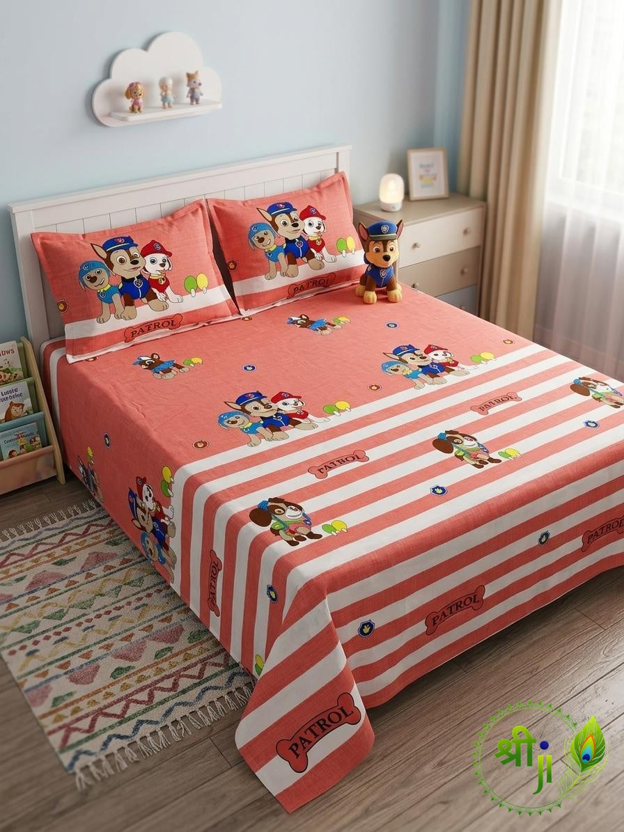 Kids Cotton Double Bedsheet with 2 Pillow Covers - Paw Patrol Print