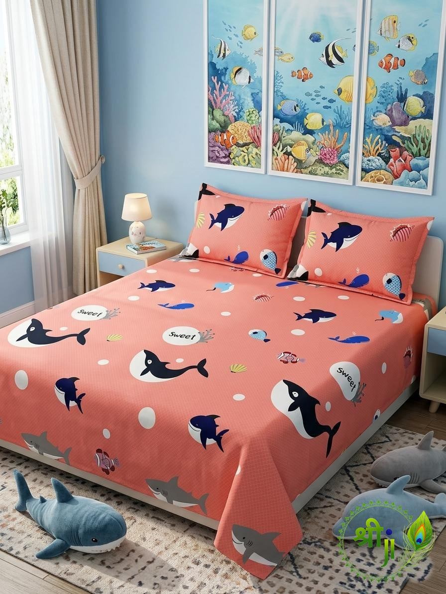 Kids Cotton Double Bedsheet with 2 Pillow Covers - Whale & Shark Print