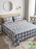 Kids Cotton Double Bedsheet with 2 Pillow Covers - Checks & Cute Cars Print