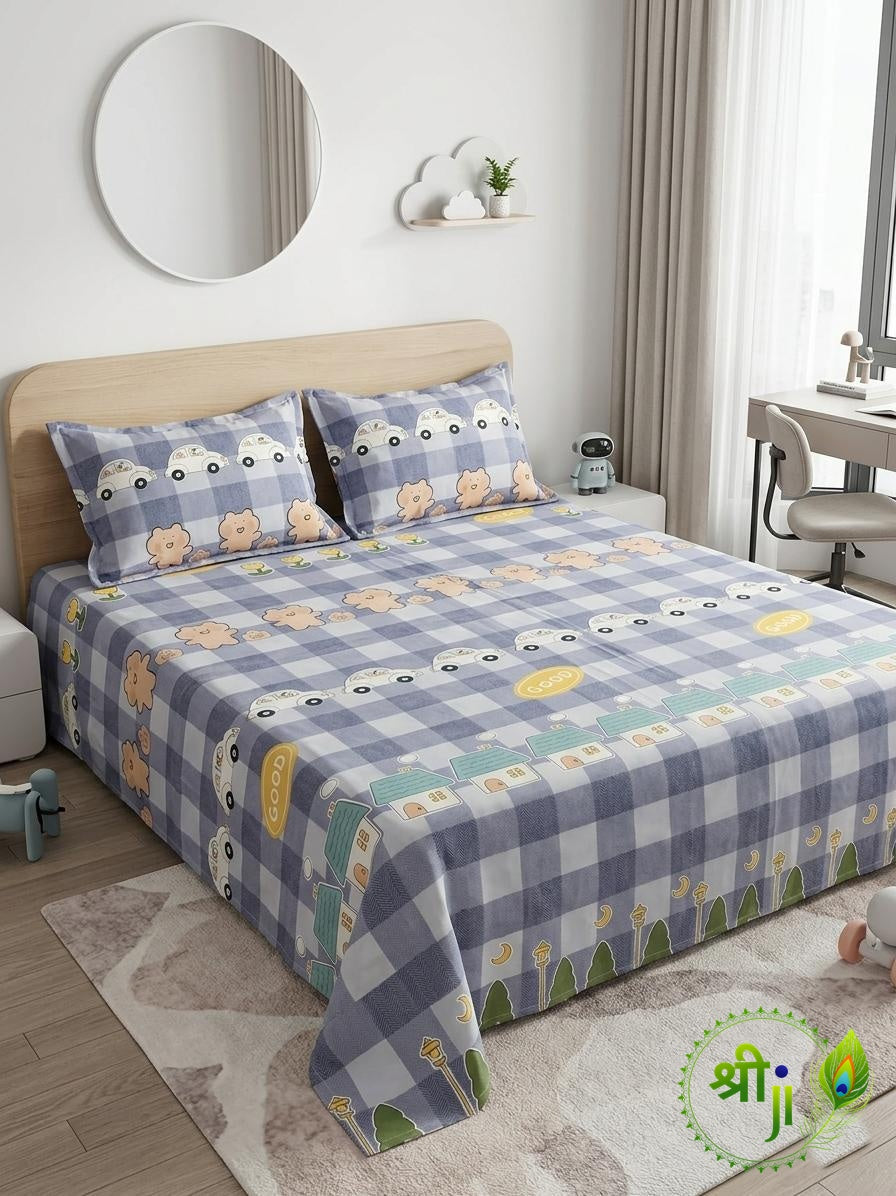 Kids Cotton Double Bedsheet with 2 Pillow Covers - Checks & Cute Cars Print