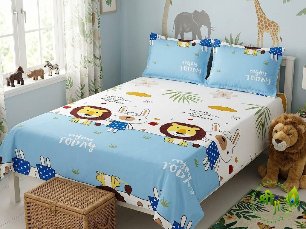 Kids Cotton Double Bedsheet with 2 Pillow Covers - Tiger Print