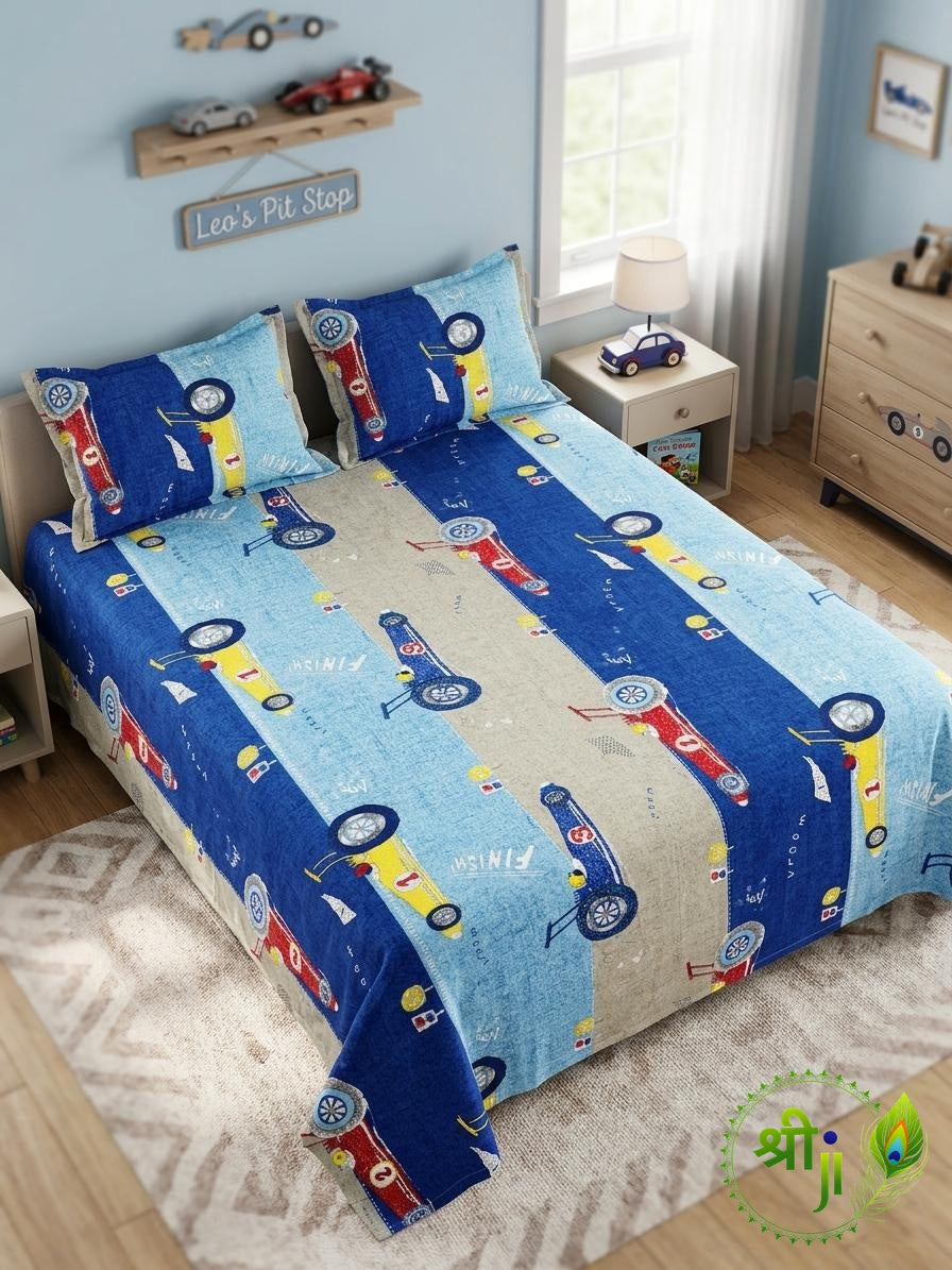 Kids Cotton Double Bedsheet with 2 Pillow Covers - Racing Car Print