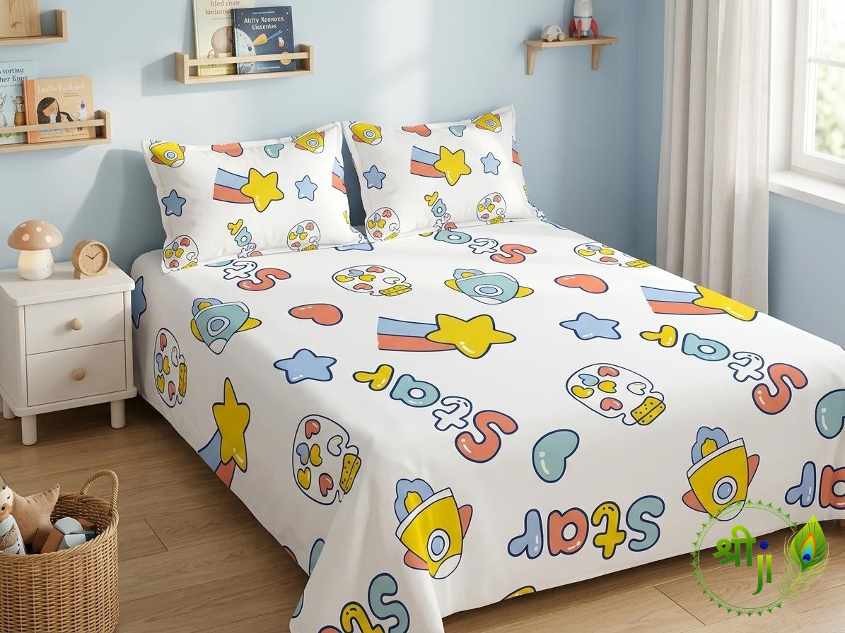 Kids Cotton Double Bedsheet with 2 Pillow Covers - Rocket & Stars Print