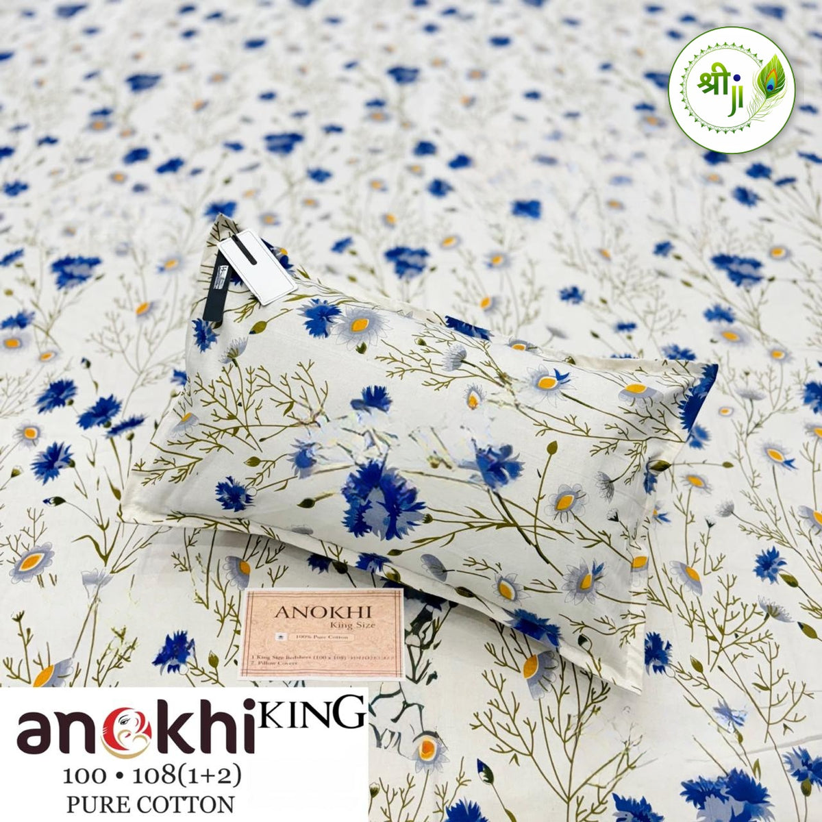 Anokhi Pure Cotton King Size Bedsheet – Blue Cornflower