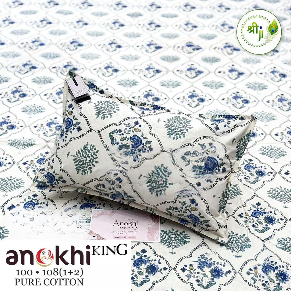 Anokhi Pure Cotton King Size Bedsheet – Blue Mughal Tile (another view)