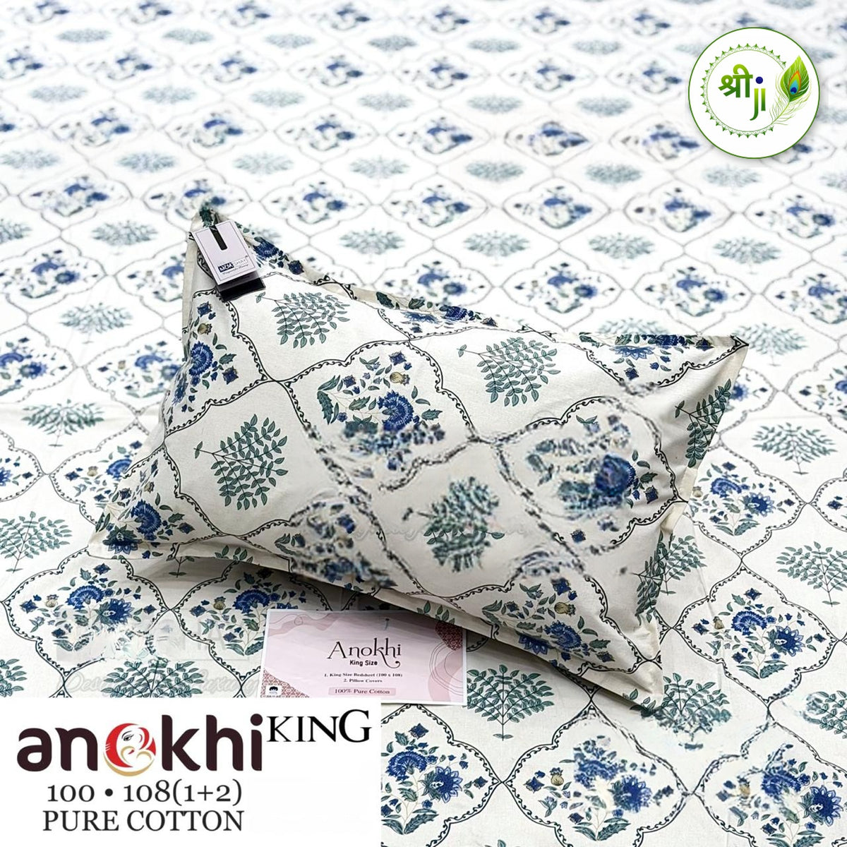 Anokhi Pure Cotton King Size Bedsheet – Blue Mughal Tile