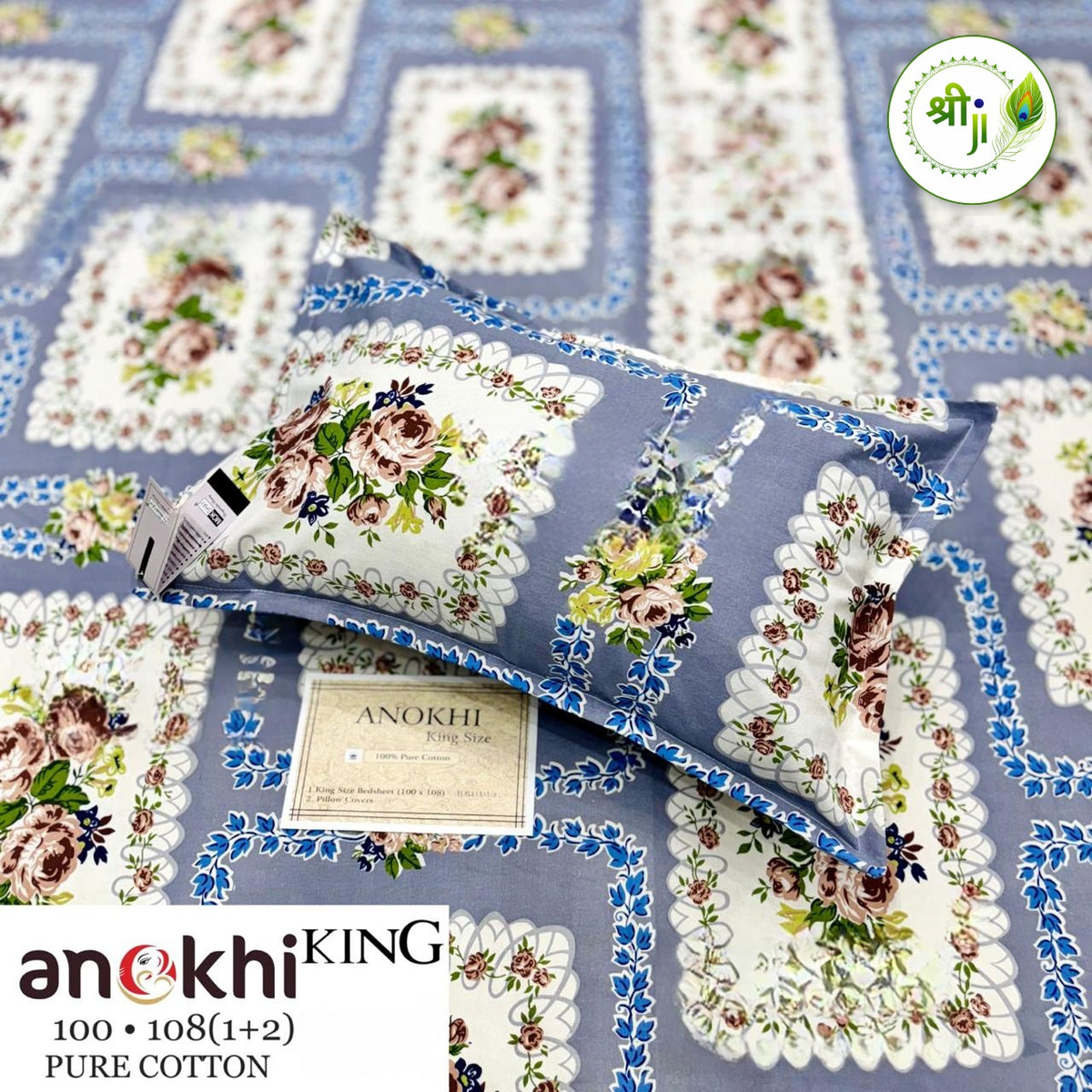 Anokhi Pure Cotton King Size Bedsheet – Grey Rose Frame