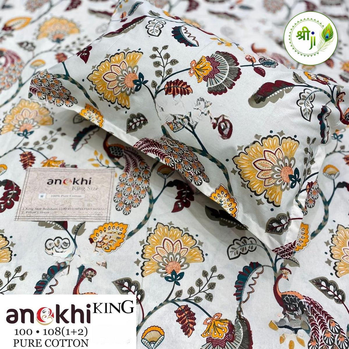 Anokhi Pure Cotton King Size Bedsheet – Mustard Peacock