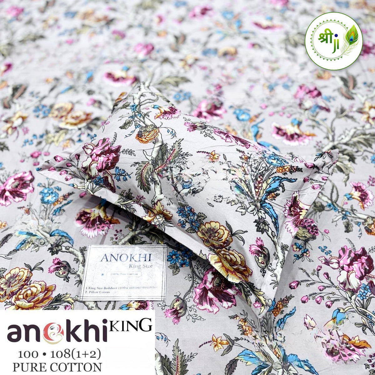 Anokhi Pure Cotton King Size Bedsheet – Pink Botanical