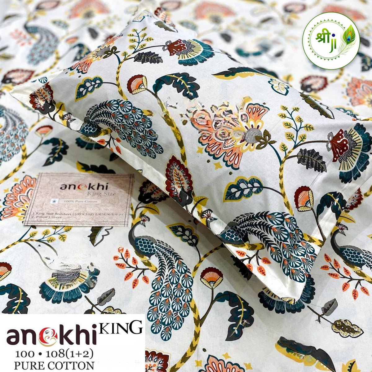 Anokhi Pure Cotton King Size Bedsheet – Teal Peacock