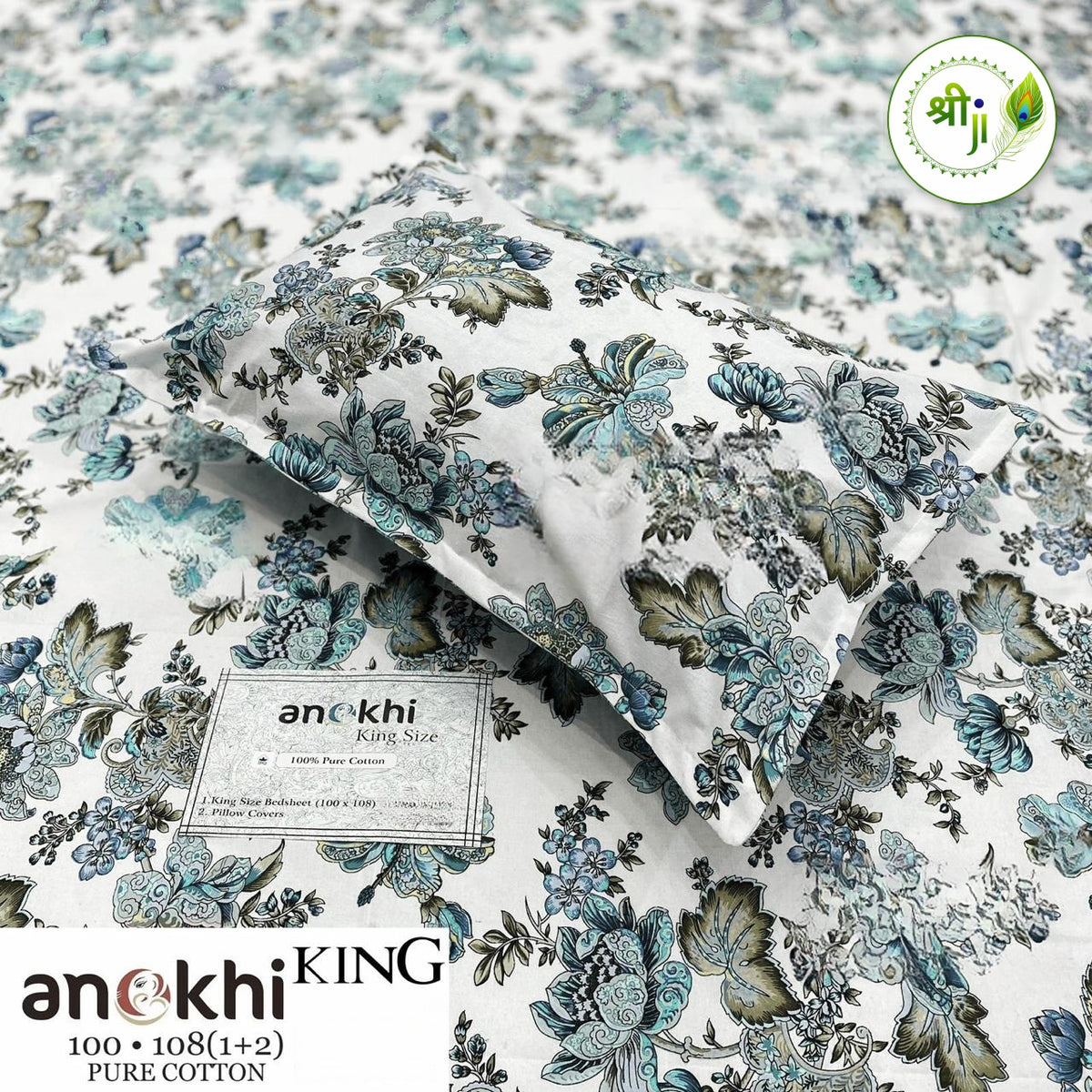 Anokhi Pure Cotton King Size Bedsheet – Teal Rose