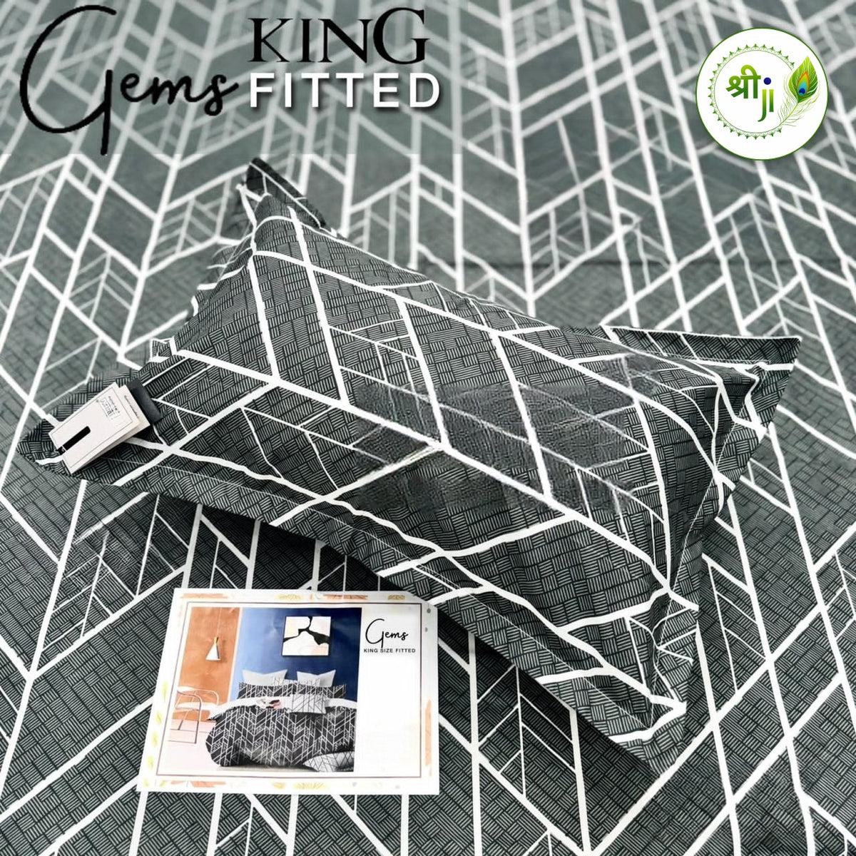 Gems King Size Fitted Bedsheet – Charcoal Geometric