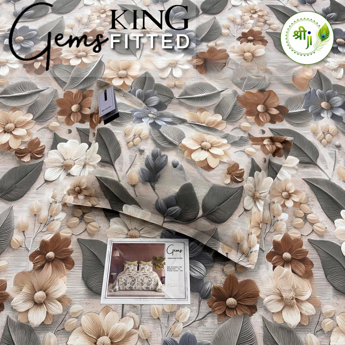 Gems King Size Fitted Bedsheet – Grey Beige Floral