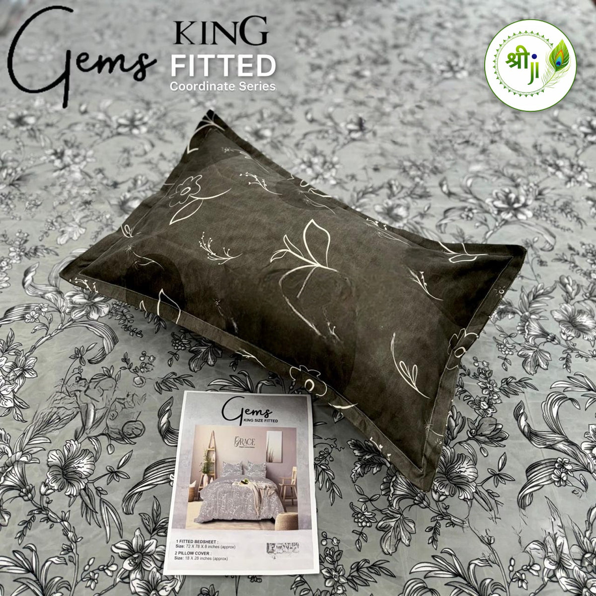 Gems King Size Fitted Bedsheet – Grey Botanical