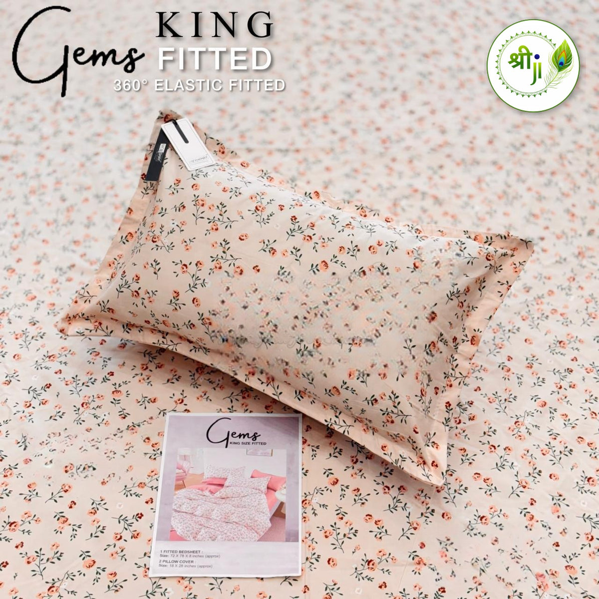 Gems King Size Fitted Bedsheet – Peach Ditsy