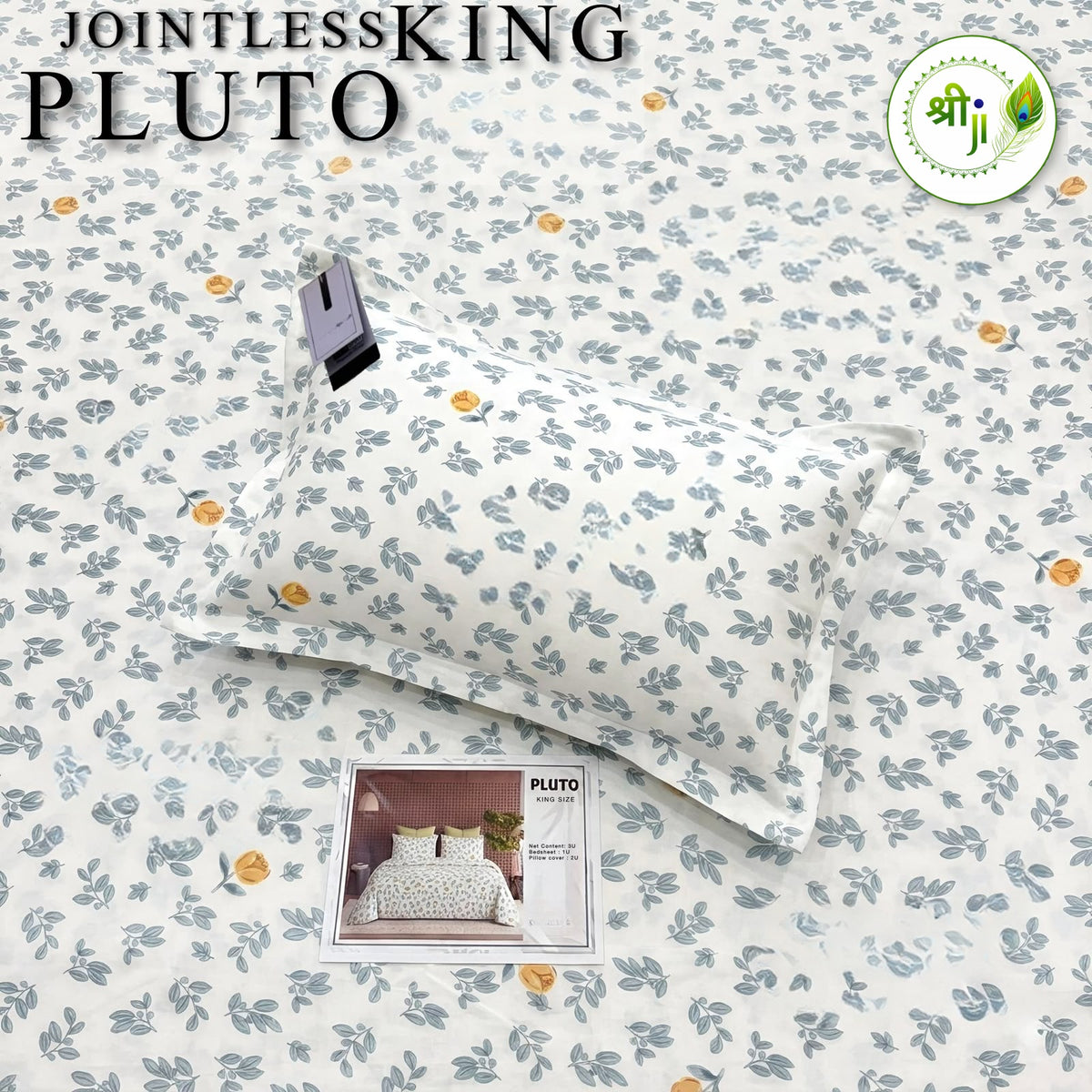 Pluto Jointless King Size Bedsheet – Blue Leaf Ditsy