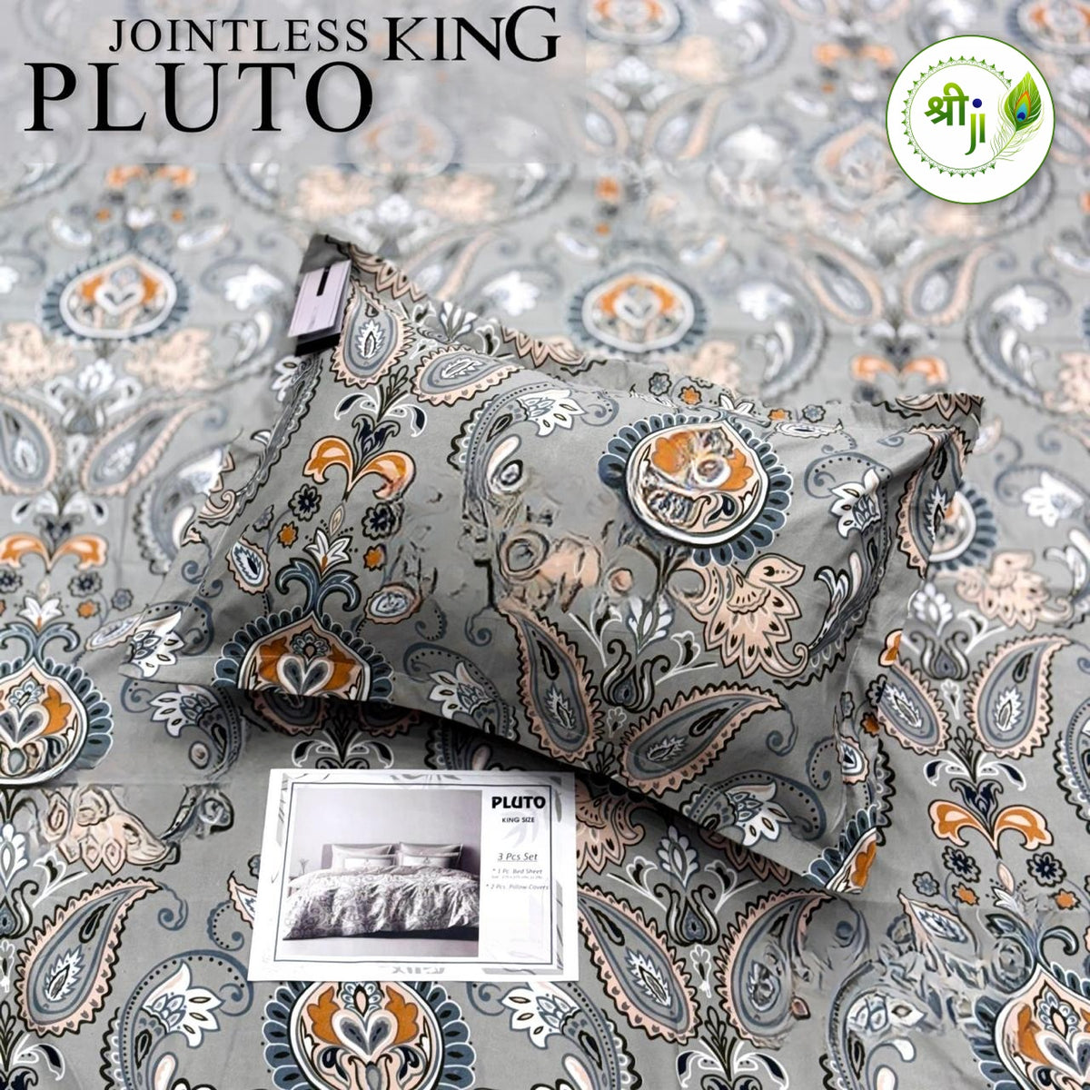 Pluto Jointless King Size Bedsheet – Grey Paisley