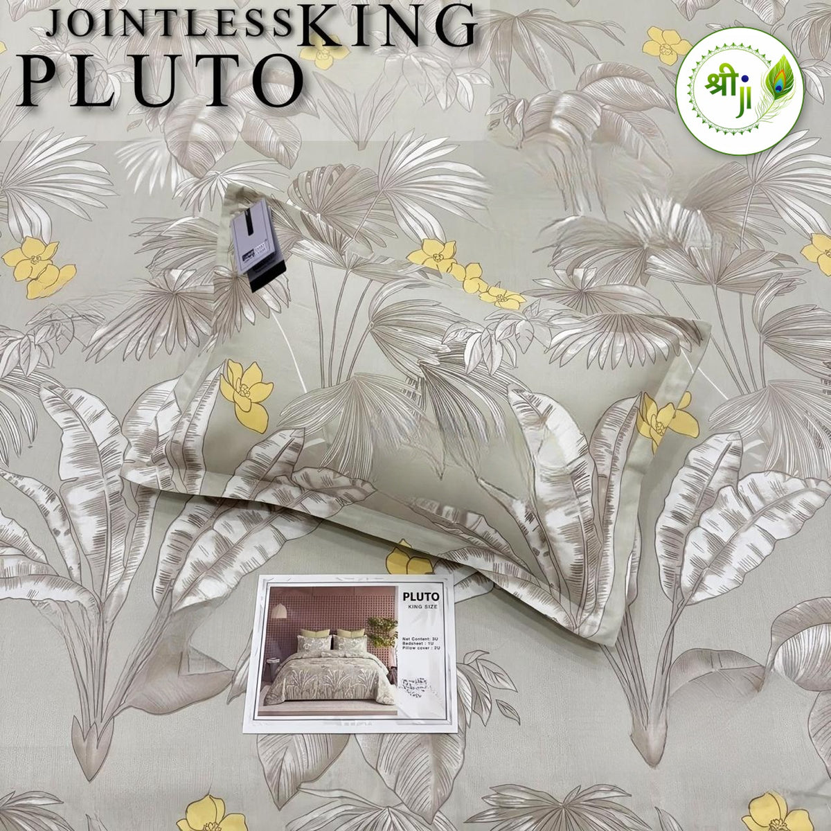 Pluto Jointless King Size Bedsheet – Grey Palm Leaf