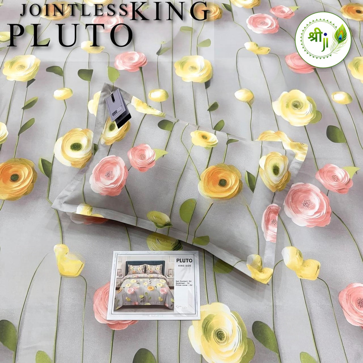 Pluto Jointless King Size Bedsheet – Grey Rose Stem