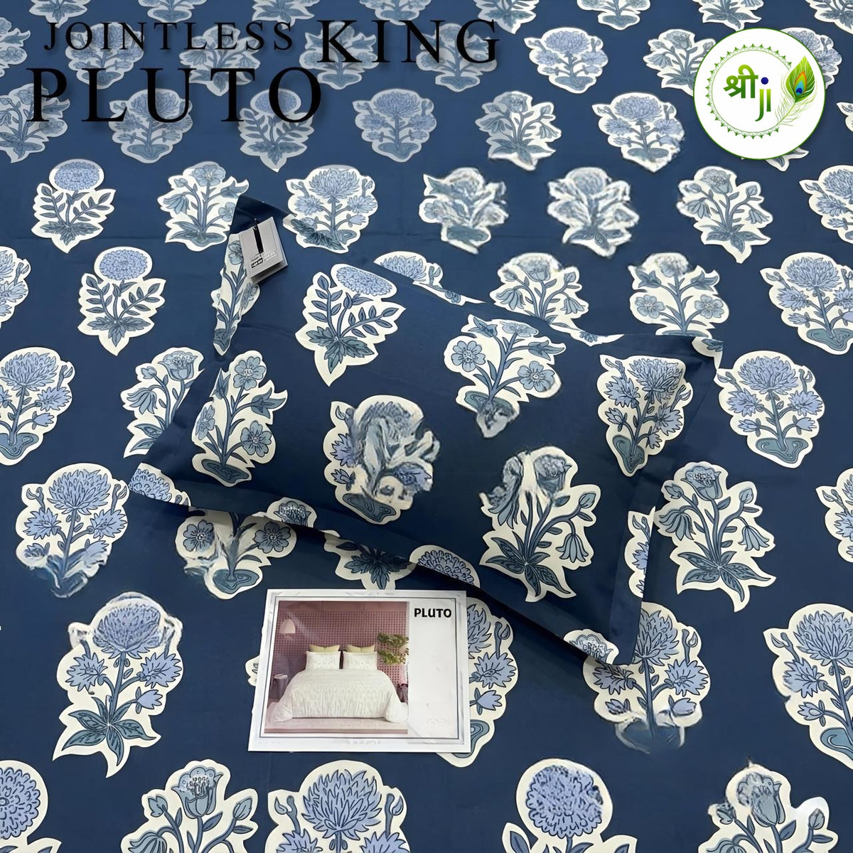 Pluto Jointless King Size Bedsheet – Navy Block Floral