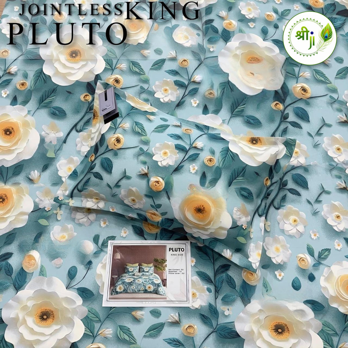 Pluto Jointless King Size Bedsheet – Teal Camellia